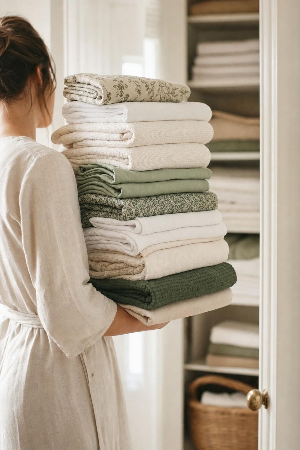 Stack of freshly folded cream and sage laundry carried to a linen closet